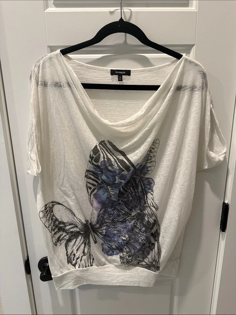 Express White Draped Butterfly Print Top with Blue Accents
